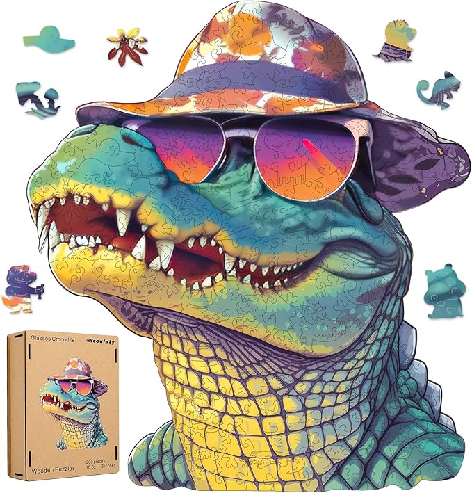 Cool Wooden Puzzle for Adults 500 Piece, Glasses Crocodile Wooden Jigsaw Puzzles, Beautiful Wooden Puzzle with Box Birthday Gifts for Adults and Kids Family Game(16 * 17.6in)-CubbioJoy