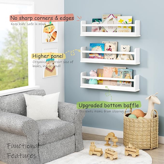 24 Inch White Wall Bookshelf for Kids Room, Floating Nursery Book Shelves Wall Mounted with Lip and Hanging Rod for Baby Girl Boy Bedroom, Large Corner Hanging Children Bookshelves -Set of 3-CubbioJoy