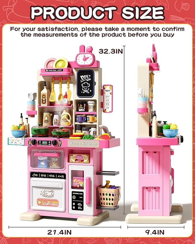 33.8IN Kids Kitchen Playset, 63 PCS Kid Play Kitchen with Realistic Lights & Sounds, Spray Sink Toy Kitchen Accessories, Pretend Food Toys Kitchen for Boys Girls Toddlers(Pink)-CubbioJoy