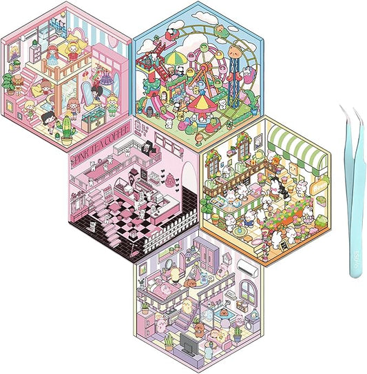 5 Set 3D Scene Stickers DIY 3D House Stickers -Fun DIY Stickers Scene Make Your Own clothing store Shop Amusement park for Adult Kids-Make Your Own Stickers-Cute Cartoon Sticker Scenes for Adults Kids-CubbioJoy