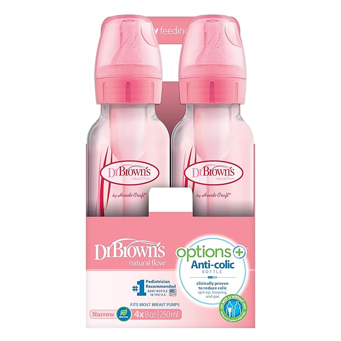 Dr. Brown’s Natural Flow® Anti-Colic Options+™ Narrow Baby Bottles, 8 oz/250ml, with Level 1 Slow Flow Nipple, 4 Pack, Pink/Clear-CubbioJoy