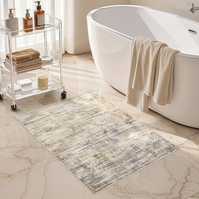 2x3 Entryway Area Rugs: Washable Neutral Abstract Small Rug Door Mat Non-Slip Soft Low Pile Indoor Carpe for Entrance Kitchen Front Door Bathroom Entry Kids Room - Golden Brown-CubbioJoy