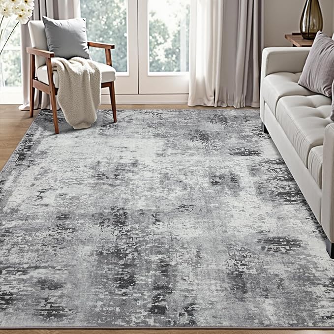 Kelarea Living Room Rug 4x6 Grey Area Rug Machine Washable Rugs, Non Slip Abstract Vintage Indoor Carpet for Bedroom, Nursery, Classroom, Dining Room, Home Office-CubbioJoy