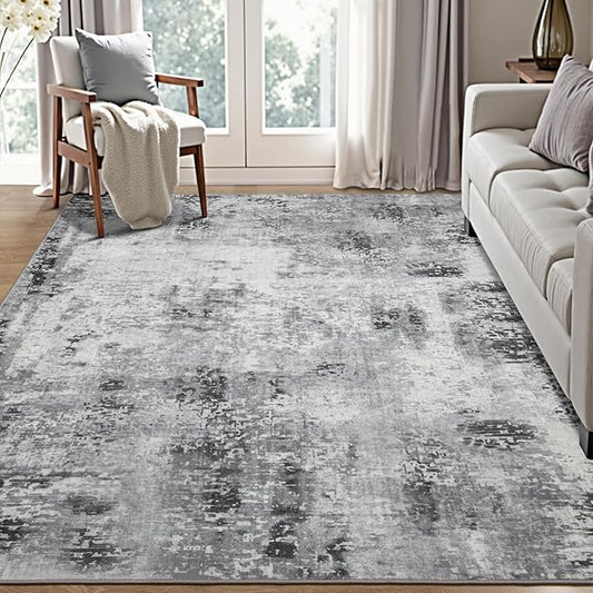 Kelarea Living Room Rug 4x6 Grey Area Rug Machine Washable Rugs, Non Slip Abstract Vintage Indoor Carpet for Bedroom, Nursery, Classroom, Dining Room, Home Office-CubbioJoy