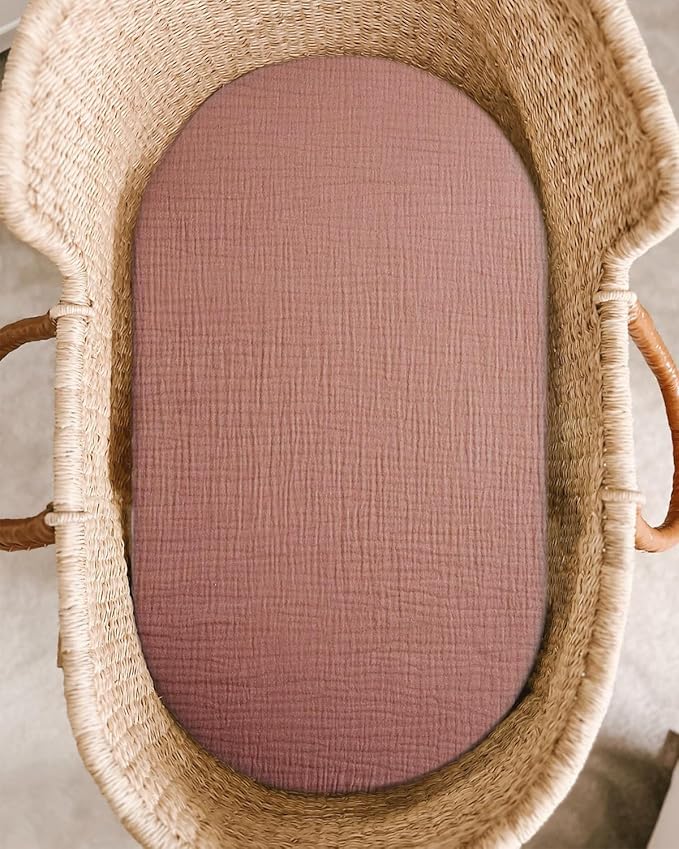Bassinet Sheet for Baby Boy and Girl, Fitted Sheets for Rectangle, Oval, Hourglass Bassinet Mattress, Muslin Moses Basket Sheets with Neutral Style (Dusty Rose)-CubbioJoy