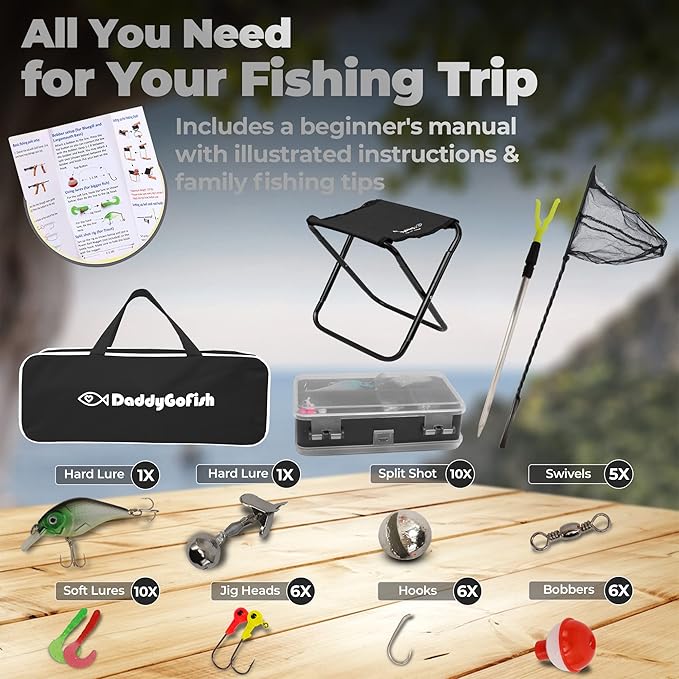 DaddyGoFish Kids Fishing Pole - Rod Reel Combo Tackle Box Starter Set - First Year Small Gear Kit for Boys Girls Toddler Youth Age Beginner Little Children-CubbioJoy