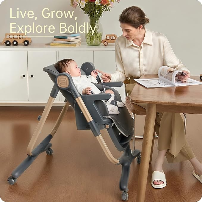 6 in 1 Convertible High Chairs for Babies and Toddlers,Portable High Chair with Dishwasher Tray and 4 Wheel,Booster Seat for Dining Table,Foldable Toddle and Baby Feeding Highchair (Gold-Grey)-CubbioJoy