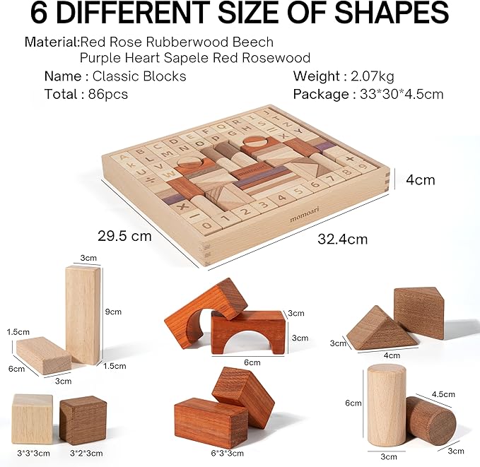 Alphabet Number Early Math Wooden Building Blocks Set - 86 Blocks in 6 Shapes with Wooden Storage Tray. Preschool Montessori Kids Toys. Stacking Learning Toys for Toddlers. Age 3 Years +-CubbioJoy