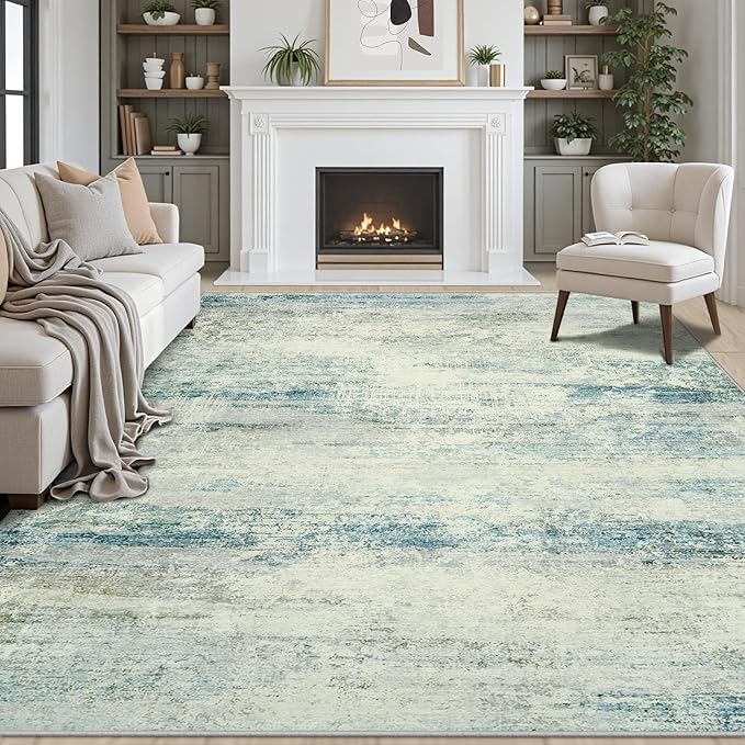 Area Rug 9x12 Washable Rugs: Abstract Large Living Room Rugs with Non-Slip Backing, Thin Carpet for Dining Room Table Bedroom Nursery Indoor Home Office-Blue/Gray-CubbioJoy