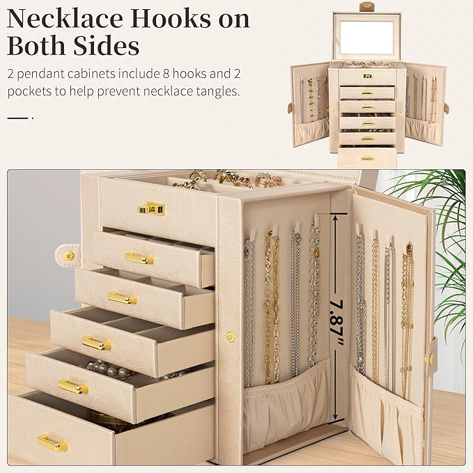 AKOZLIN 6-Tier Jewelry Box Organizer Functional Leather Jewelry Storage Case for Women Girls Ring Necklace Earring Bracelet Holder Organizer with Mirror-CubbioJoy