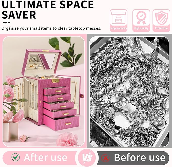 AKOZLIN 6-Tier Jewelry Box Lockable Leather Jewelry Storage Case with 5 Drawers for Women Girls Ring Necklace Earring Bracelet Holder Organizer with Mirror Rose-CubbioJoy