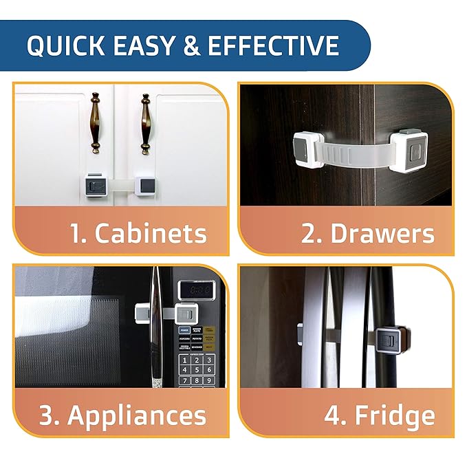 Child Safety Locks (4-Pack) - Baby Proof Cabinets, Drawers, Toilets & Appliances- Adjustable Strap Length, Double Lock Option - Easy Latch for Adults to Open-CubbioJoy