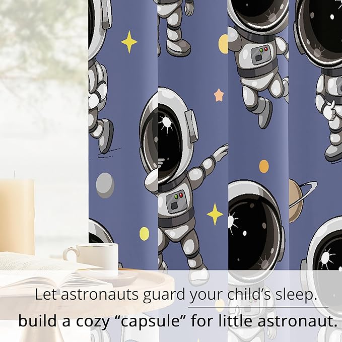 Kids Astronaut Blackout Curtains - 100% Blackout, Thermal Insulated, Noise Reducing, Perfect for Kids Room and Nursery, 2 Panels (Spacewalk Buddies, W52×L84)-CubbioJoy