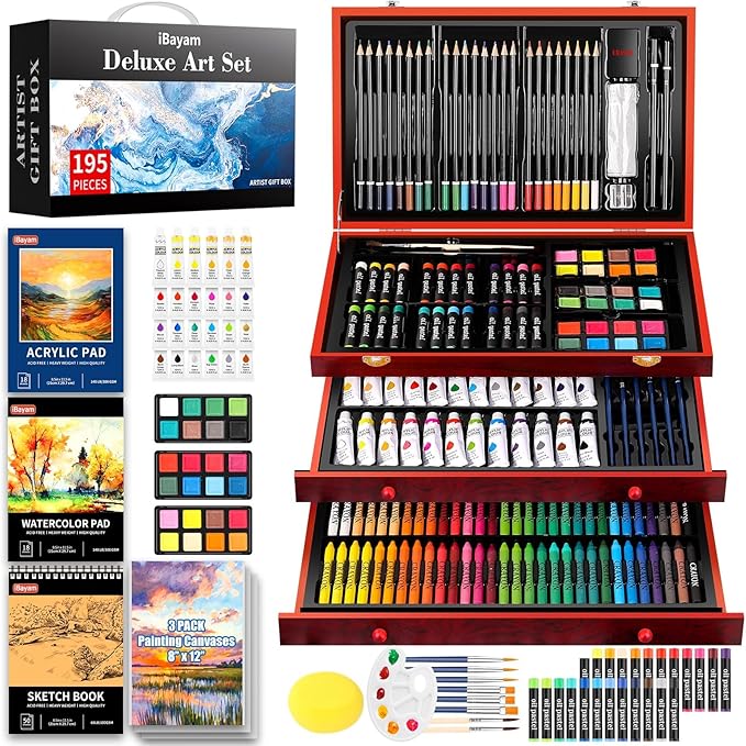 Art Supplies, iBayam 195 Pack Art Set Drawing Kit for Kids Teens Girls Boys Adult, Arts and Crafts Painting Kit, Art Kits Paint Set with Acrylic Pad, Sketchbooks, Watercolor Pad, Canvases, Gift Box-CubbioJoy