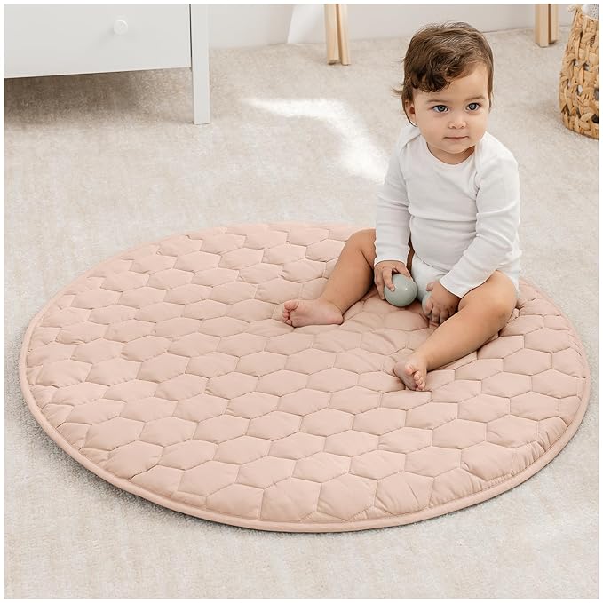 Comfy Cubs Round Kids Play Mat - Small 36 inches Soft Quilted Baby Floor Mat with Non-Slip Bottom - Plush Design for Toddlers' Playtime and Relaxation - Comfortable and Durable - Blush-CubbioJoy