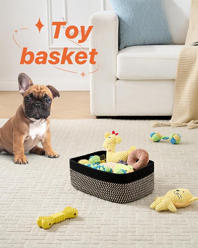 KALLAX Small Woven Basket, 12 x 8 x 4.5 Inches, Storage Basket for Organizing, Cute Small Rope Shelf Closet Cube Storage Bins Baskets for Shelves, Dog Toy Gift Baskets Empty, 3 Pack Black & Brown-CubbioJoy