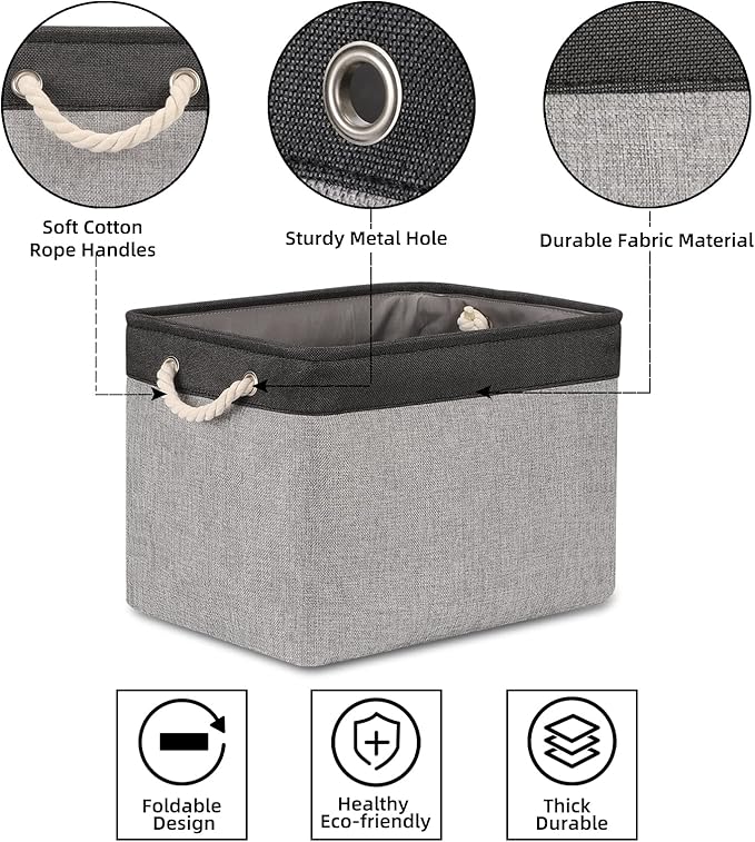 Bidtakay Fabric Storage Baskets with Handles [2-Pack] Large Canvas Organizer 16" X 11.8" X 11.8" Foldable Tall Baskets Rectangular Gift Basket Decorative Storage Bins for Closet, Home(Black&Grey)-CubbioJoy