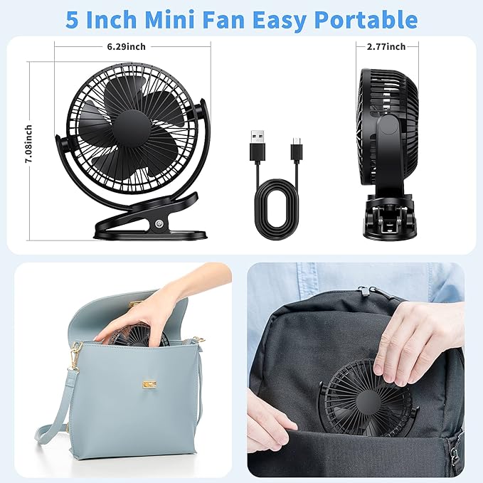 ATEngeus Rechargeable Clip-on USB Desk Fan, 3 Speeds, 5000mAh Battery, 720Rotation, Sturdy Clamp for Home, Camping, Treadmill and Car-CubbioJoy
