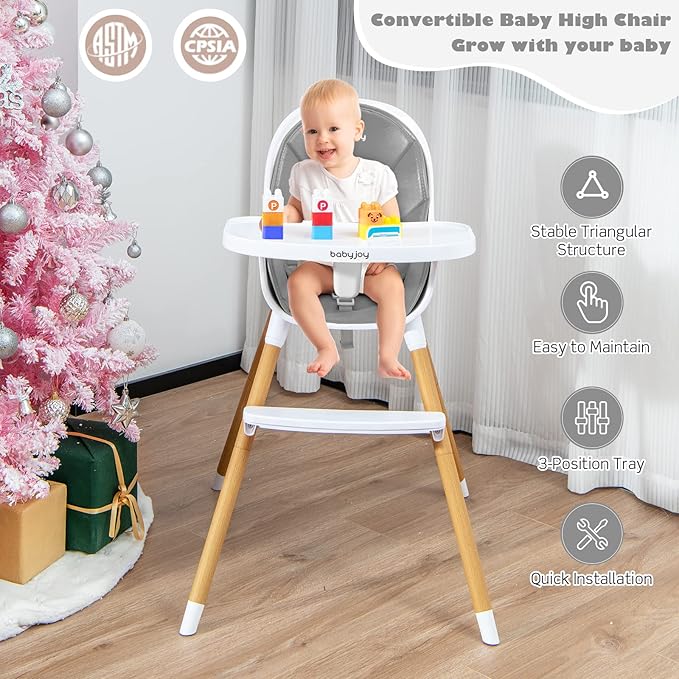 BABY JOY Convertible Baby High Chair, 3 in 1 Highchair w/Adjustable Legs, Dishwasher Safe Tray, Detachable PU Cushion, Footrest, 5-Point Harness for Babies Infants Toddlers (Gray)-CubbioJoy