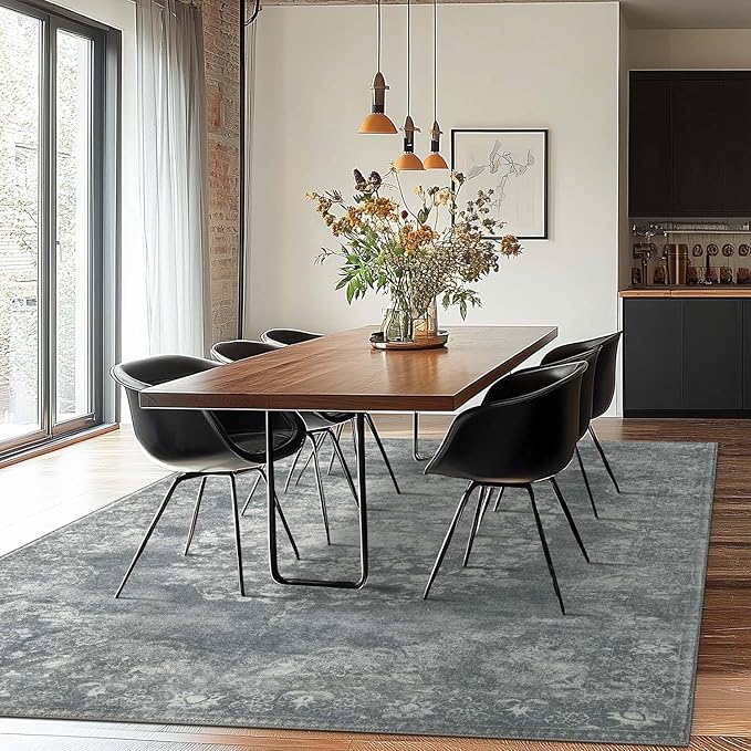 jinchan Washable Area Rug 8x10 for Living Room - Soft Faux Wool Ultra-Thin Stain Resistant Non-Slip Distressed Vintage Floral Large Carpet for Bedroom,Dining Room,Home Office,Nursery(Grey, 8'x10')-CubbioJoy