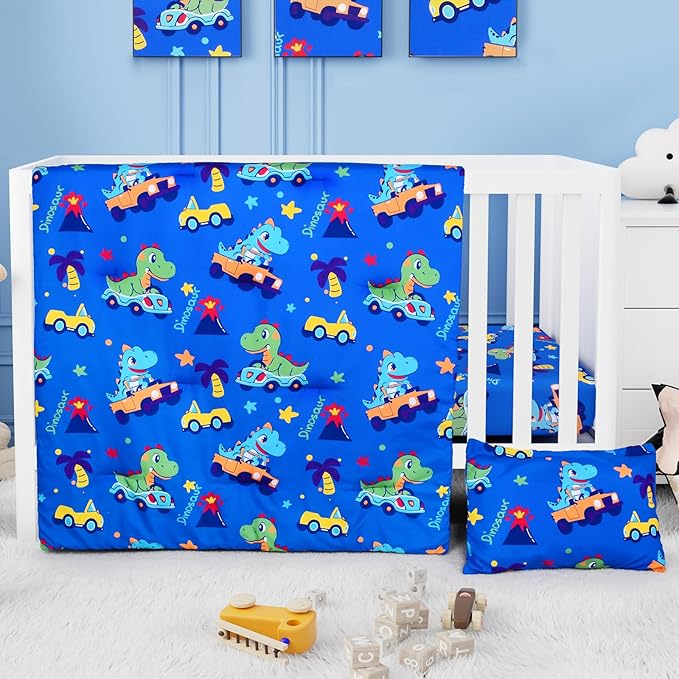 Cloele Dinosaur Crib Bedding Sets for Boys - 3 Piece Standard Size Baby Bedding Set Includes Crib Comforter Fitted Sheet Crib Skirt - Nursery Bedding Set for Boys and Girls-CubbioJoy