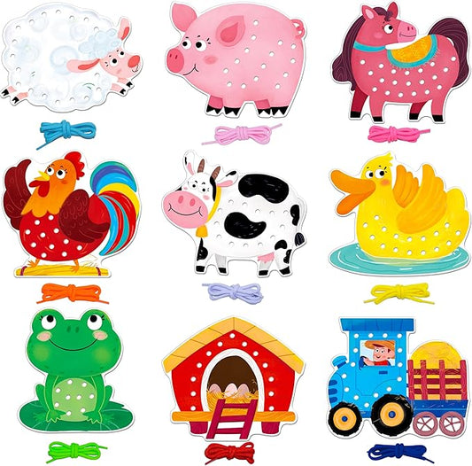 9 PCS Farm Theme Lacing Cards, 9 Double Sided Sewing Cards with 9 Colorful Laces, Imagination Development Lacing Toys Educational and Learning Activity for Preschoolers, Kids-CubbioJoy
