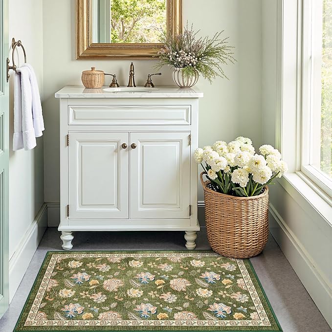 jinchan 3x5 Floral Rug for Entryway Washable Kitchen Rug Vintage Romance Design Small Mat Non Slip Indoor Doormat Lightweight Low-Profile Throw Carpet for Entrance Bathroom Laundry Room, Green-CubbioJoy