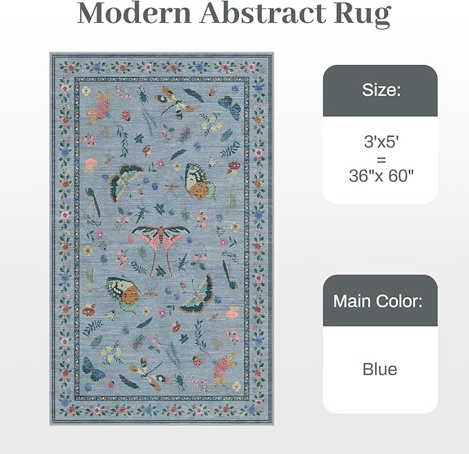 3x5 Washabl Rug with Insect Print - Bug Rug Non-Shedding Stain Resistant Soft Small Carpet for Bedroom, Low Pile Ultra-Thin Machine Washable Carpet for Nursery,Entrance, Office (3'x5' Blue)-CubbioJoy