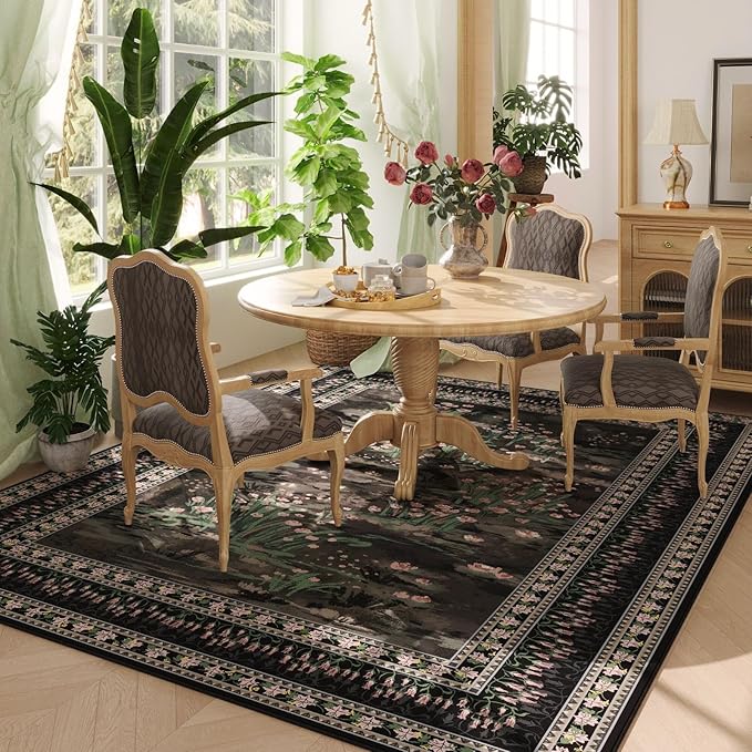 Area Rugs 8x10 Clearance Impressionist-Style Vintage Washable Area Rug Non Slip Low Pile Large Rug for Bedroom Farmhouse Dining Room Kids Playroom, Black-CubbioJoy