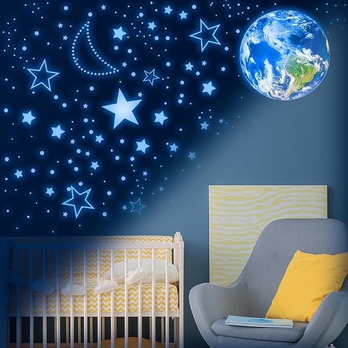 965 PCS Glow in The Dark Stars and Earth for Ceiling, Luminous Stars and Planet Wall Decals, Kids Room Decor, Glowing Galaxy Wall Stickers for Nursery Decorations (Blue)-CubbioJoy