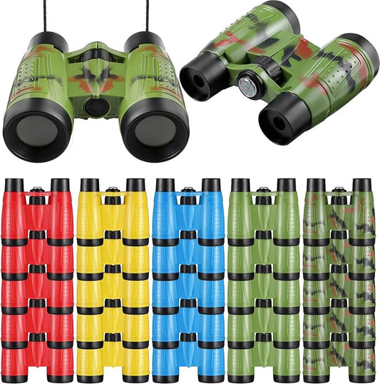 25 Pack Binoculars for Kids 6+ Years Old, with Compass and Neck String Toddler Toy Binoculars Gift Set for Camping Adventure, Party Favor, Red, Yellow, Camo, Green, Blue-CubbioJoy