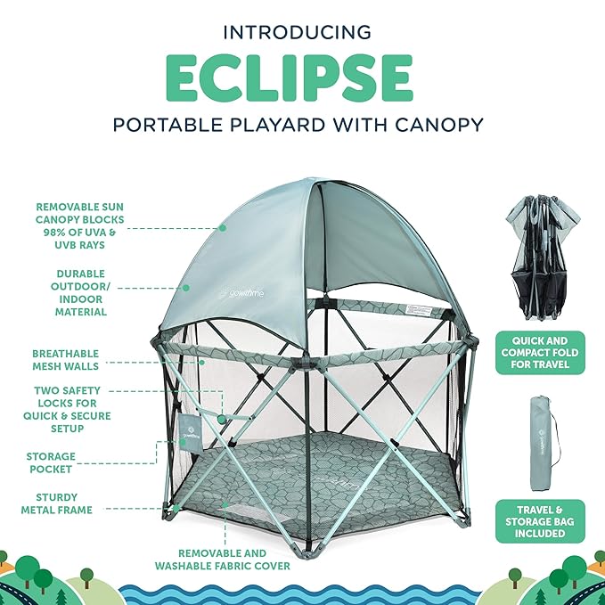 Baby Delight Go with Me Eclipse Deluxe Portable Playard | Playpen | Sun Canopy | Indoor and Outdoor | Ultra Padded Nylon Floor | Green Garden-CubbioJoy