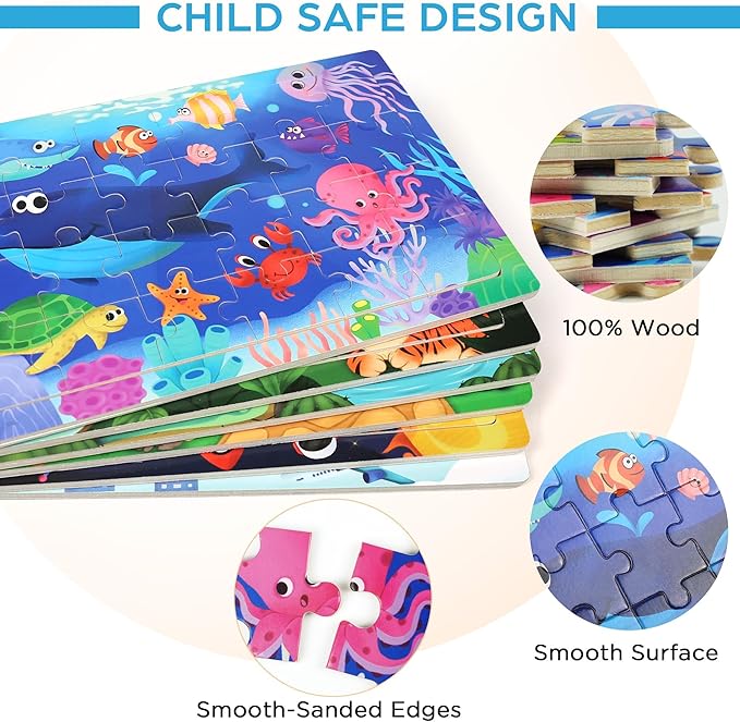 BenBen Puzzles for Kids Ages 4-6, 6 Pack 24 Piece Wooden Jigsaw Puzzles for Toddlers Ages 3-5, Preschool Learning Educational Toys for Boys Girls-CubbioJoy