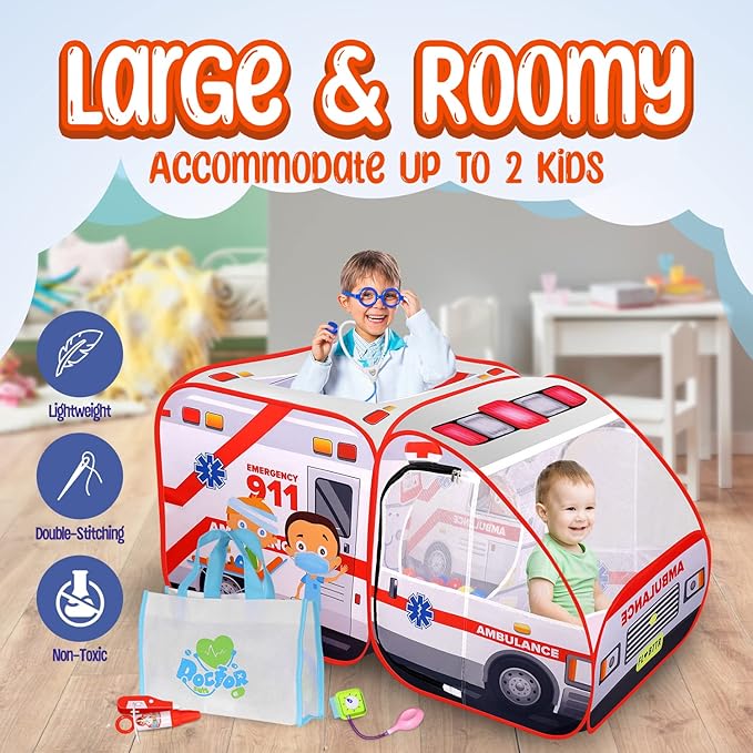 Ambulance Pop-up Play Tent for Kids with Sounds, Doctor Kit & Ball Pit for Toddlers & Up - Easy Setup Pop up Toy for Indoor & Outdoor, Emergency Vehicle Playset, Pretend Play, Great Gift-CubbioJoy