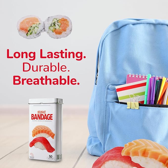 BioSwiss Bandages, Sushi Shaped Self Adhesive Bandage, Latex Free Sterile Wound Care, Fun First Aid Kit Supplies for Kids, 50 Count-CubbioJoy