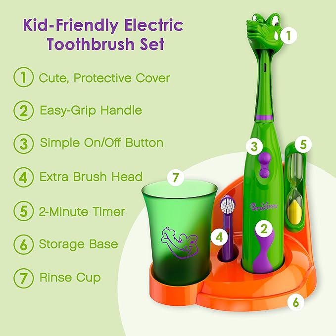 Brusheez Kids’ Electric Toothbrush Set - Safe & Effective for Ages 3+ - Parent Tested & Approved with Gentle Bristles, 2 Brush Heads, Rinse Cup, 2-Minute Timer, & Storage Base (Snappy The Croc)-CubbioJoy