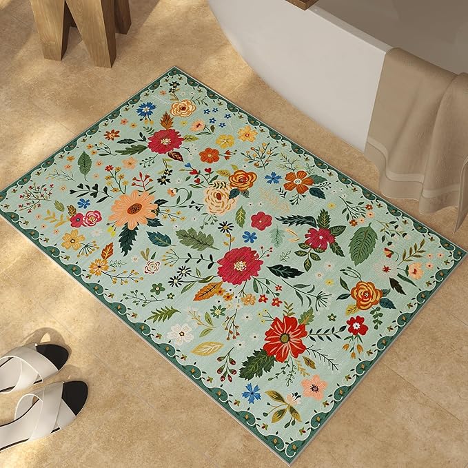 2x3 Washable Rug for Entryway, Floral Green Soft Small Area Rug, Non Slip Doormat Indoor Entrance Carpet, Flower Low Pile Front Door Throw Rug for Bedroom, Kitchen, Laundry, Bathroom, Sage Green-CubbioJoy