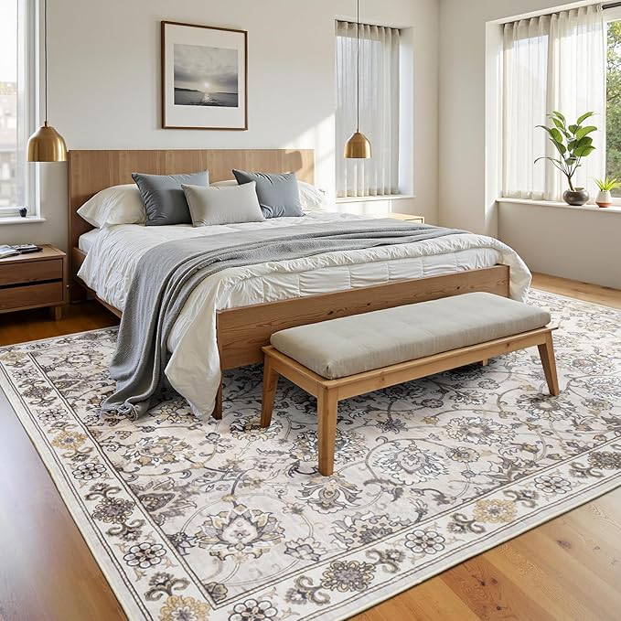 6x9 Area Rug for Living Room & Bedroom, Washable Non-Slip Vintage Rugs, Neutral Floral Soft Carpet, Low Pile Wool Carpets for Indoor Dining Home Office Playroom Under Table, Beige-CubbioJoy