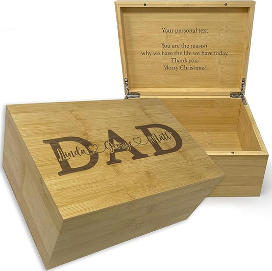 Dad Gifts from Son - Custom Engraved Wooden Box with Kids Names, Unique First Father's Day Gift Ideas, Customized Gifts for Dad for Christmas, Papa Grandpa Gift Fathers Day from Grandkids 11x8x4.75 in-CubbioJoy