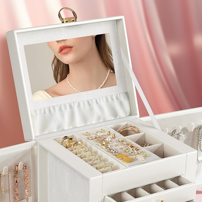 5-Layer Jewelry Box with 4 Drawers, Huge Portable Jewelry Organizer with Lock and Mirror for Women, for Necklace Ring Earring Bracelet Storage, Lockable Jewelry Case, White-CubbioJoy