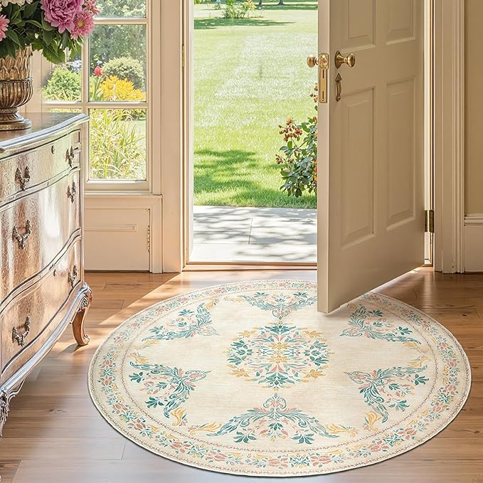 jinchan Round Rug 4ft Area Rugs Vintage Floral Distressed Design,Machine Washable Soft Non-Slip Low-Pile Ultra-Thin Circle Rug for Entryway Bedside Living Room Kitchen Nursery (4' Round,Apricot Multi)-CubbioJoy