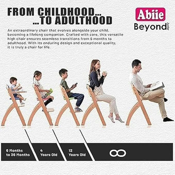 Abiie Beyond Junior Wooden High Chair with Tray - Adjustable and Convertible High Chair for Babies and Toddlers - 6 Months to 250 Lb - Water Resistant - Natural Wood/Blueberry Cushion-CubbioJoy