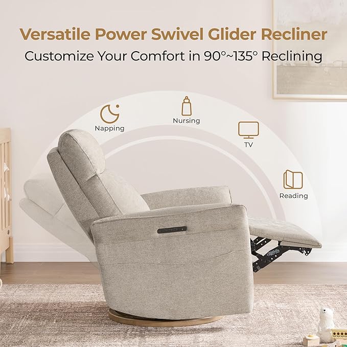 CHITA Power Recliner Chair, Electric Triple-Motor Swivel Glider Nursery Rocking Chair with Adjustable Power Headrest and Lumbar Support, GREENGARD Gold Certified, Solid Wood Base, Khaki Grey-CubbioJoy