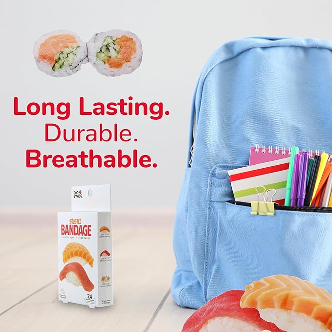 BioSwiss Bandages, Sushi Shaped Self Adhesive Bandage, Latex Free Sterile Wound Care, Fun First Aid Kit Supplies for Kids and Adults, 24 Count-CubbioJoy