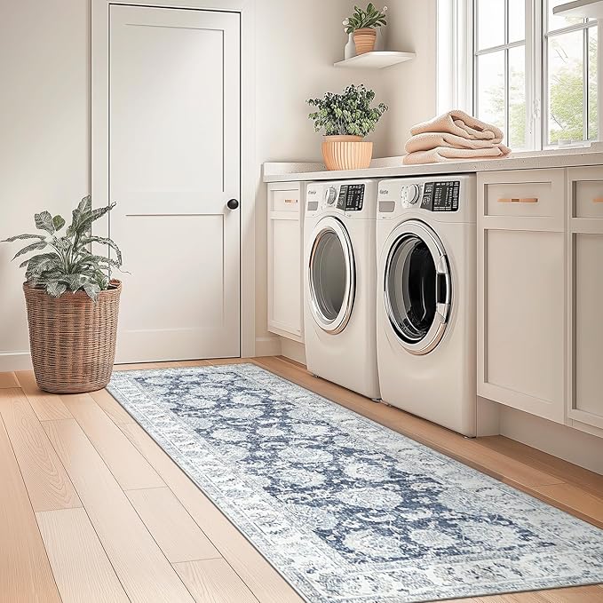 jinchan Runner Rug 2x6 Machine Washable Hallway Rug Dark Blue Vintage Floral Print Non-Slip Low Pile Ultra-Thin for Kitchen,Entryway,Laundry Room,Bedroom,Farmhouse (2‘x6’,Dark Blue)-CubbioJoy