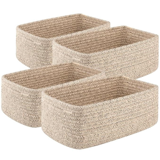 4 Pack Small Storage Shelf Baskets for Organizing, Mini Woven Rope Storage Bins for Towels, Cute Decorative Closet Organizer，Baby Nursery, Gift Empty Baskets -11.81''Lx7.87''Wx4.72''H'-Brown-CubbioJoy