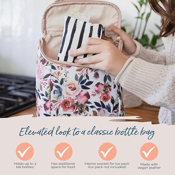 Itzy Ritzy Insulated Bottle Bag – Keeps Bottles Warm or Cool - Holds 3 Bottles & Features Interior Pocket for Ice Pack (Not Included), Blush Floral-CubbioJoy
