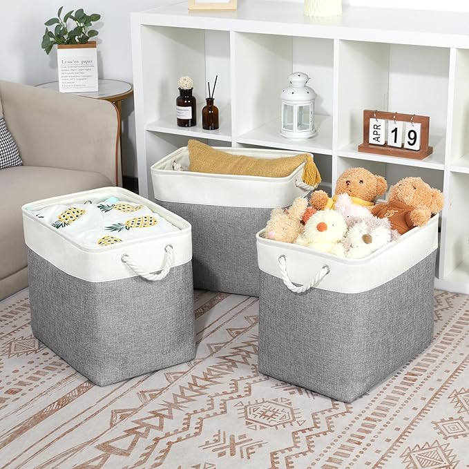 Bidtakay Extra Large Storage Baskets for Organizing 17x12x15.1 inch 3-Pack Fabric Closet Organizers Storage Bins with Handles Foldable Storage Baskets for Shelves Clothes XL-White&Grey-CubbioJoy