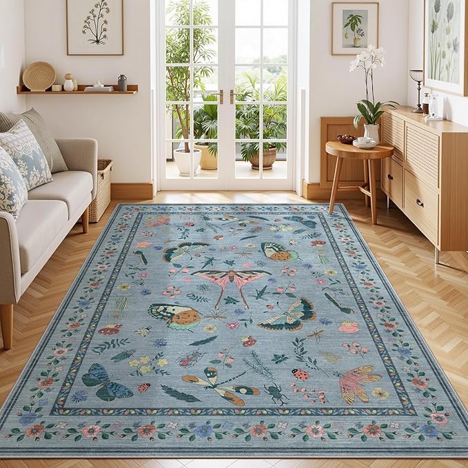 5x7 Washable Area Rug with Insect Print - Bug Rug Non-Shedding Stain Resistant Soft Carpet for Bedroom, Low Pile Ultra-Thin Machine Washable Carpet for Dining Room, Kids Nursery, Office (5'x7' Blue)-CubbioJoy