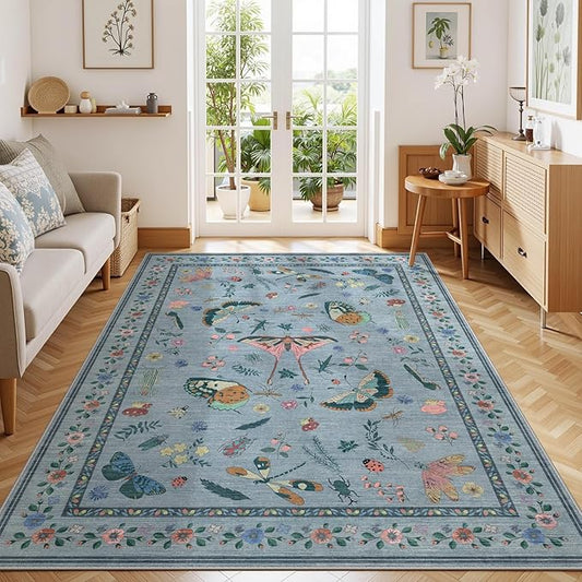 6x9 Rugs for Living Room with Insect Print - Bug Rug Non-Silp Stain Resistant Soft Carpet for Bedroom, Low Pile Ultra-Thin Machine Washable Carpet for Dining Room, Kids Nursery, Office (6'x6' Blue)-CubbioJoy
